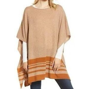 Halogen 100% Cashmere Strip Border Poncho in Tan O/S
